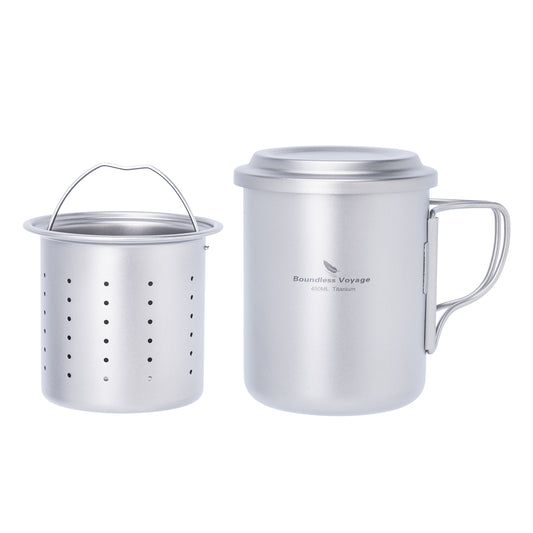 Boundless Voyage 450ml Titanium Cup with Filter Folding Handles Outdoor Camping Tea Coffee Mug 15.2 fl oz Portable Lightweight Tea Maker Ti3056D