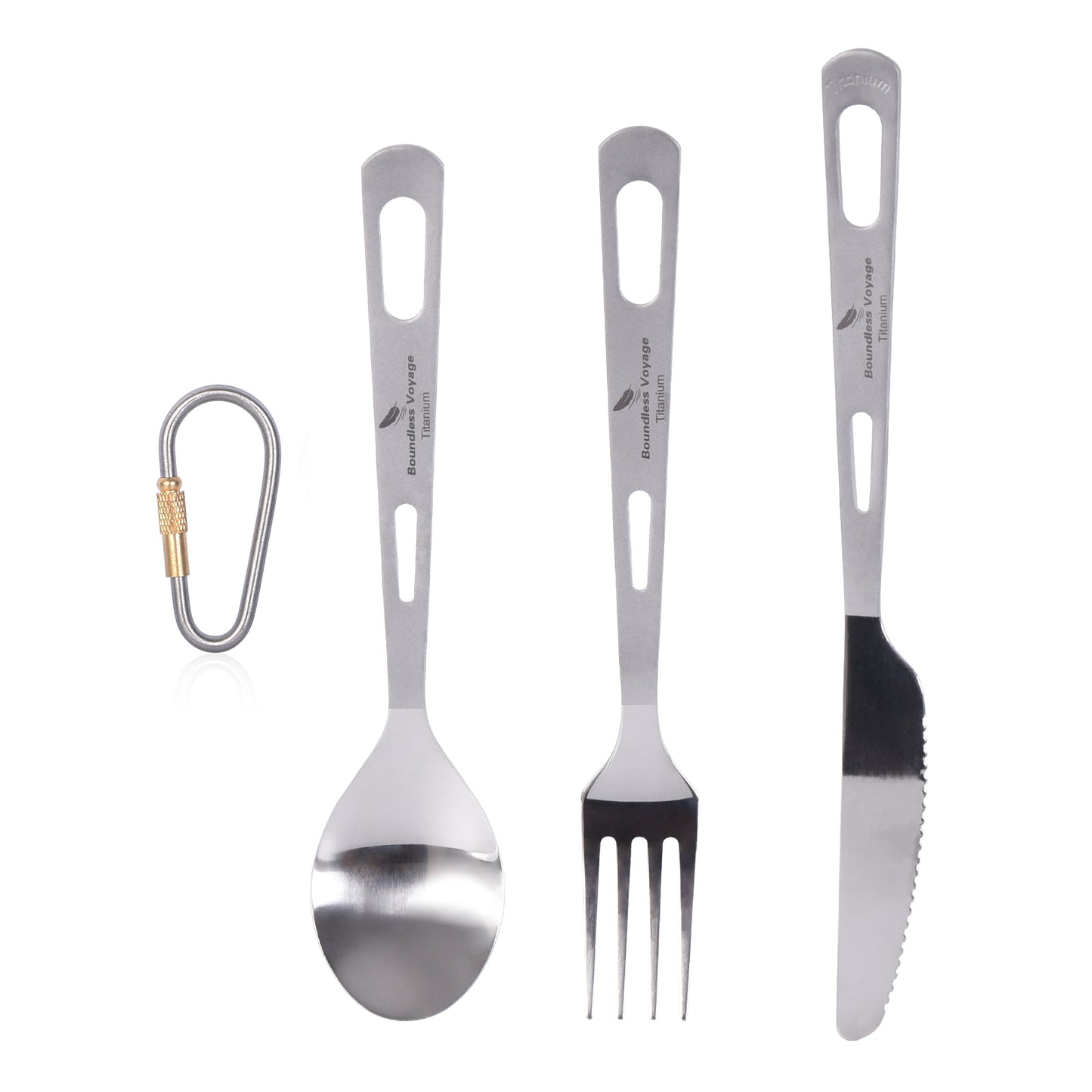 Boundless Voyage 3‑Pcs Titanium Cutlery Set with Spoon, Fork and Dinner Knife, Ideal for Steak, Salad, Noodles and Curry, Portable Tableware for Outdoor Travel, Office, School and Household Use Ti1051T