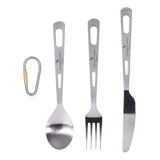 Boundless Voyage 3‑Pcs Titanium Cutlery Set with Spoon, Fork and Dinner Knife, Ideal for Steak, Salad, Noodles and Curry, Portable Tableware for Outdoor Travel, Office, School and Household Use Ti1051T