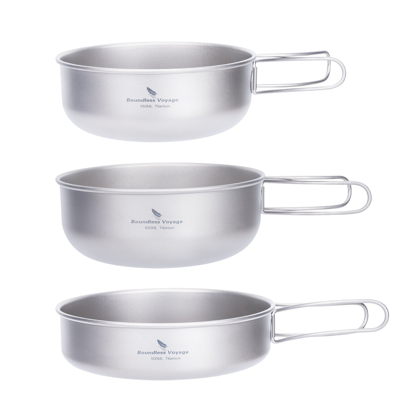 Boundless Voyage 3Pcs Pure Titanium Cookware Set, Ultralight Outdoor Camping Bowl & Frying Pan Mess Kit 500ml/550ml/650ml for Picnic Backpacking Ti2031C