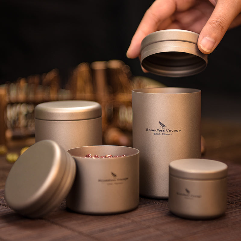 Boundless Voyage Titanium Tea Caddy Canister, Ultralight Portable Food Storage Container, Multi-Purpose Jar for Loose Tea, Coffee Beans, Spices, Nuts & Sugar, for Kitchen, Camping, Travel & Daily Use Ti3208D-Ti3210D