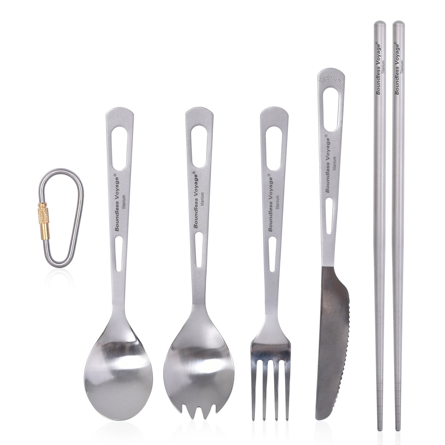 Boundless Voyage 5‑Pcs Titanium Cutlery Set with Spork, Spoon, Fork, Dinner Knife & Round Chopsticks,  Ideal for Steak, Salad, Noodles and Curry, Portable Tableware Kit for Outdoor Travel, Office, School and Household Use Ti1053T