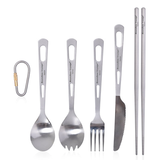 Boundless Voyage 5-Pcs Titanium Cutlery Set Spork Spoon Fork Dinner Knife Round Chopsticks Portable Tableware Outdoor Travel Office School Ti1053T