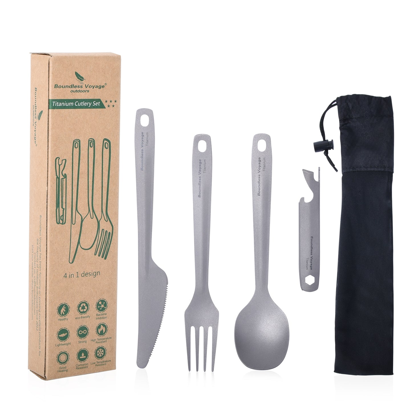 Boundless Voyage Utility Titanium Cutlery Set, Spoon Fork Knife with Built-In Bottle Opener, Portable Travel Camping Tableware with Easy Storage Cloth Case Ti1066T