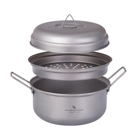Boundless Voyage 1800ml Titanium Stockpot Steamer Set with Lid, Ultralight Outdoor Soup Pan Mess Kit for Camping, Stovetop & Campfire Use Ti2058C