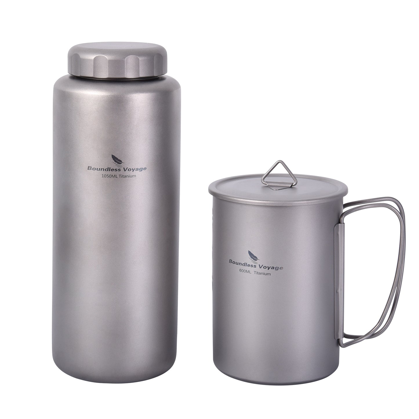 Boundless Voyage 1050ml Titanium Water Bottle with 600ml Flat Lid Nesting Cup, Portable Pure Titanium Survival Canteen Mug Kit, Lightweight Travel Tableware for Hiking Bushcraft Picnic Ti3007D