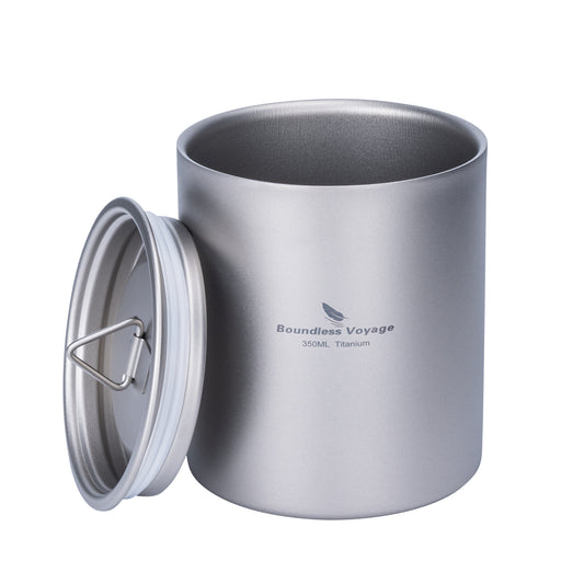 Boundless Voyage 350ml Pure Titanium Double Walled Cup with Lid | Ultralight Anti-Scald Insulated Coffee Mug for Outdoor Camping Hiking Home Office Use Ti3022D