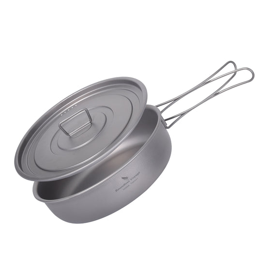 Boundless Voyage Pure Titanium Frying Pan with Lid & Foldable Handles | Ultralight Portable Griddle Cookware for Hiking & Backpacking Ti2065C