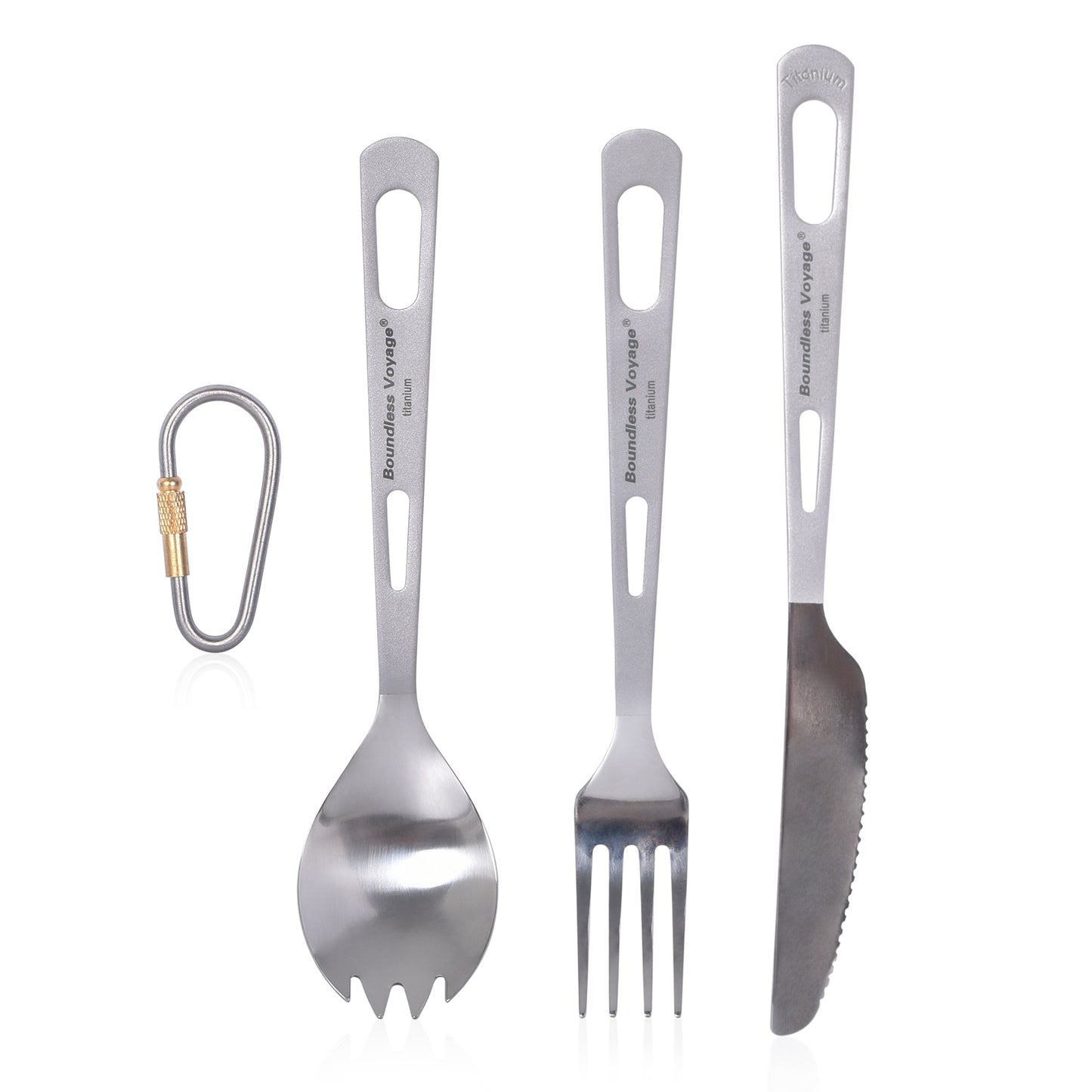 Boundless Voyage 3‑Pcs Titanium Cutlery Set of Spork, Fork and Dinner Knife , Ideal for Steak, Salad, Noodles and Curry, Portable Tableware Kit for Outdoor Travel, Office, School and Household Use Ti1050T