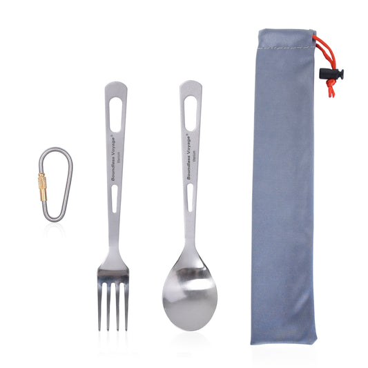 Boundless Voyage 2‑Pcs Titanium Spoon and Fork Set with Polished Heads & Matte‑Finished Handles, Ideal for Soup, Rice, Porridge, Salad, Noodles and Curry, Portable Cutlery Kit for Outdoor Travel, Office, School and Household Use Ti1048T