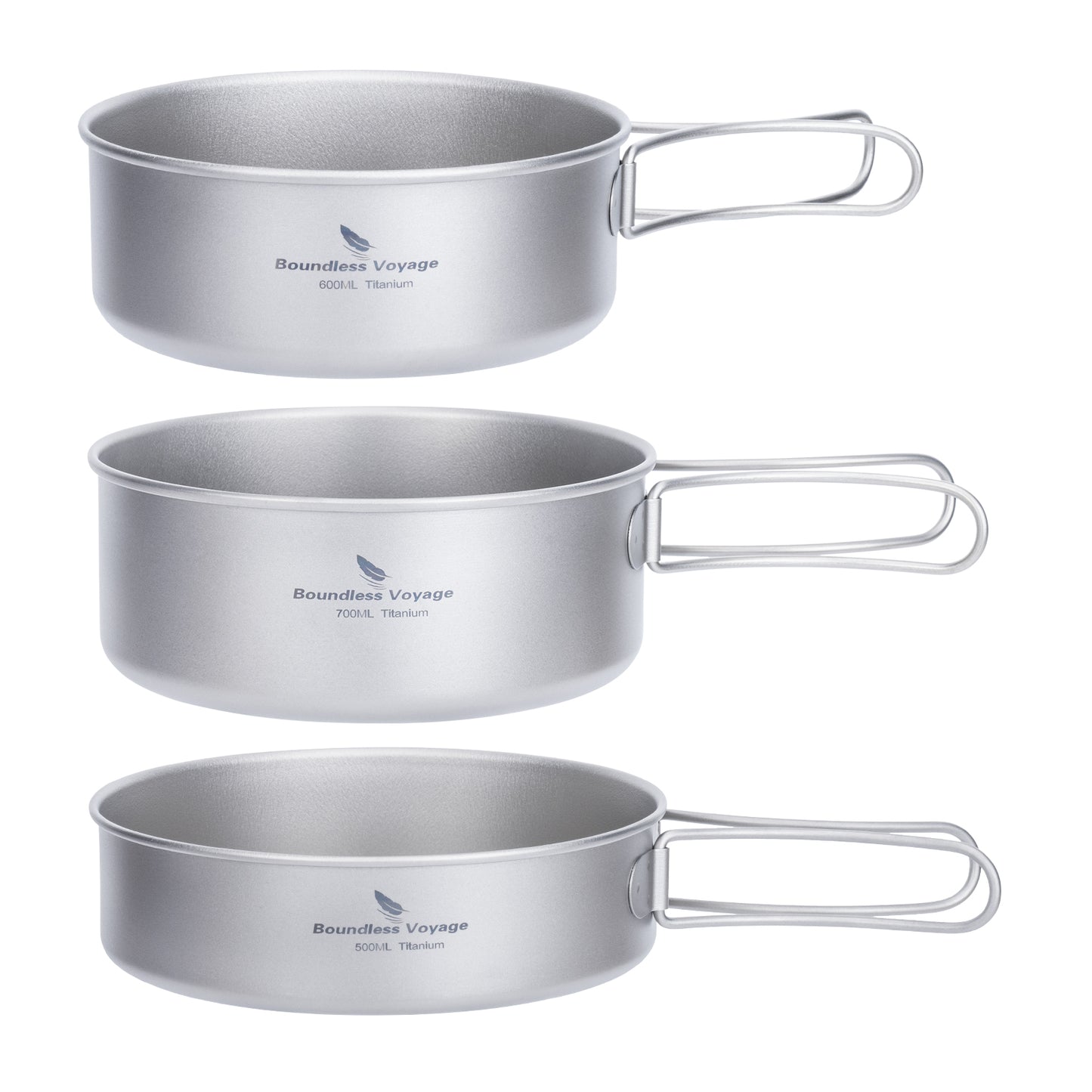 Boundless Voyage Pure Titanium Camping Cookware Set 3Pcs Foldable Handle Stackable Outdoor Tableware Pot Pan Set Ti2032C