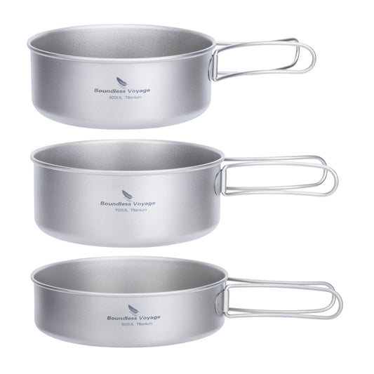 Boundless Voyage 3-Piece Ultralight Titanium Camping Cookware Set, Stackable 500ml + 600ml + 700ml Pots with Foldable Handles, Outdoor Tableware for Hiking Backpacking Ti2032C