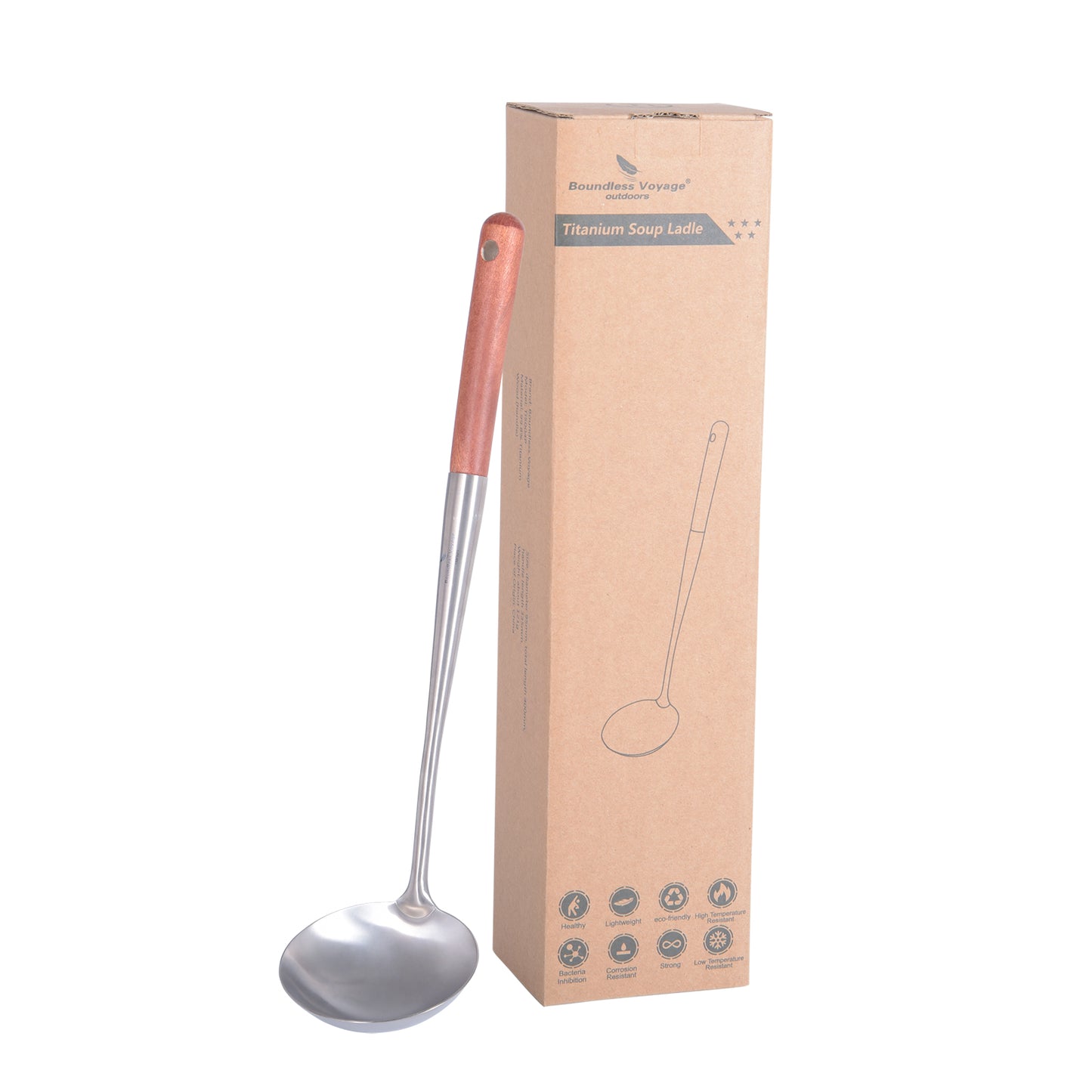 Boundless Voyage Pure Titanium Soup Ladle, Rust-Proof Durable Serving Spoon with Wooden Handle, Kitchen Utensil for Cooking Gravy & Sauces Home Outdoor Use Ti5004P