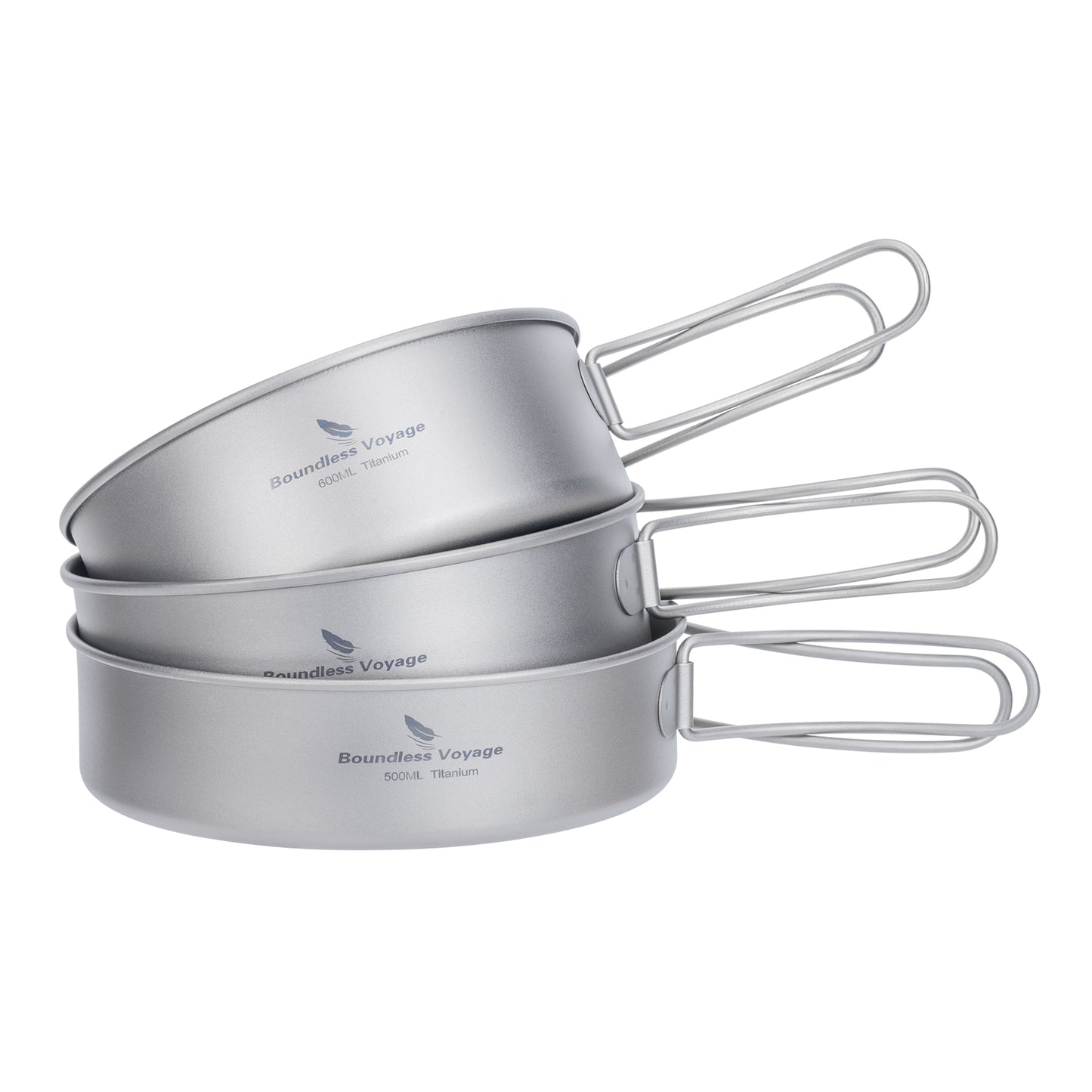 Boundless Voyage Pure Titanium Camping Cookware Set 3Pcs Foldable Handle Stackable Outdoor Tableware Pot Pan Set Ti2032C