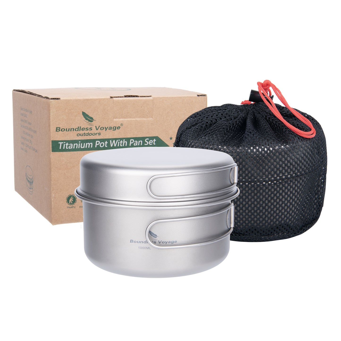 Boundless Voyage Titanium Pot & Pan Set with Collapsible Folding Handle, Portable Lightweight Cookware for Camping Hiking Backpacking Outdoor Cooking Ti2042C