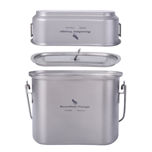 Boundless Voyage Ultralight Titanium Hanging Cookware Set, 1500ml Pot + 600ml Cup with Universal Lid & Foldable Handles, Portable Outdoor Camping Mess Kit Ti2059C
