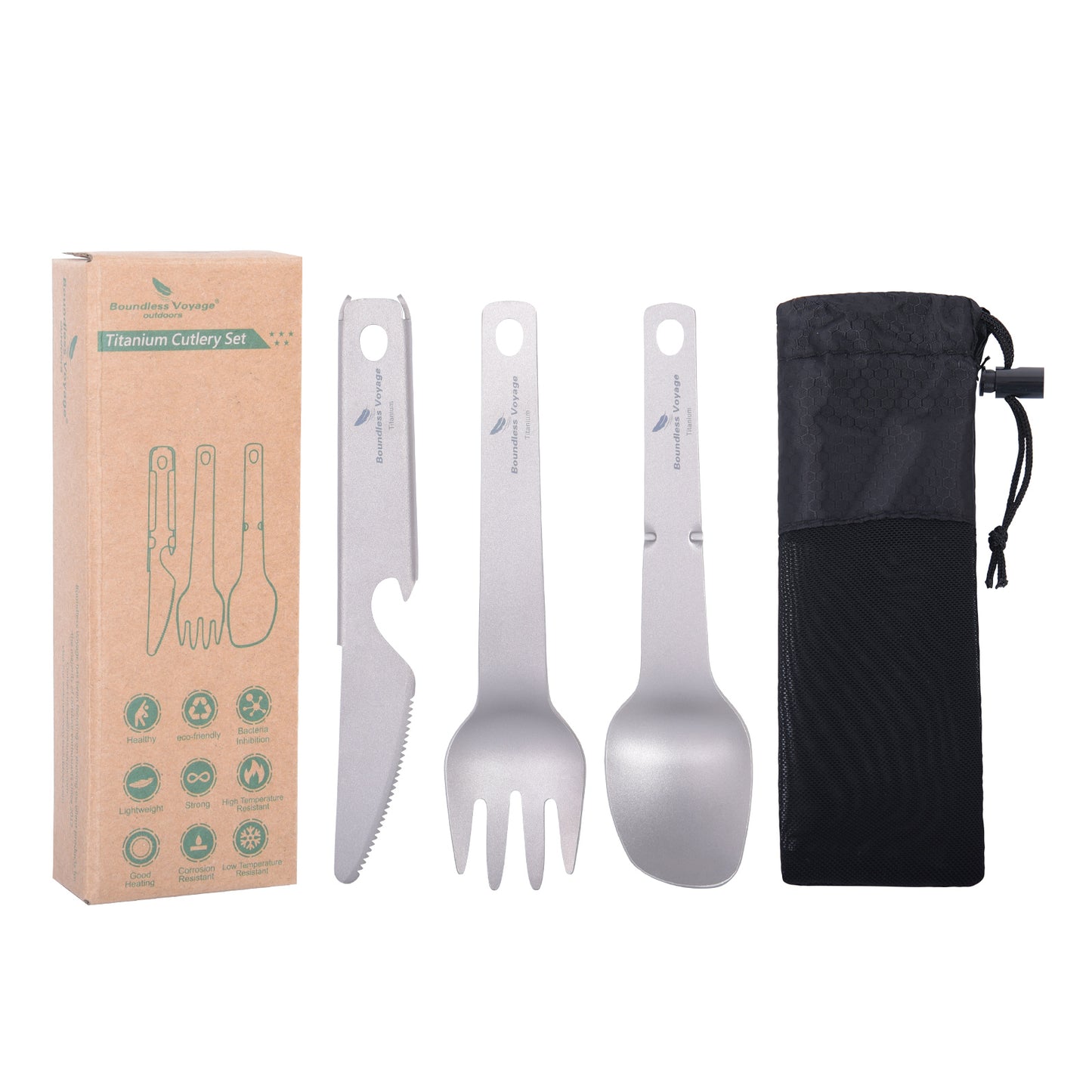 Boundless Voyage Titanium Tableware Set, Lightweight Portable Reusable Flatware with Knife Fork Spoon & Bottle Opener, Utility Cutlery for Outdoor Camping Travel Ti1077T