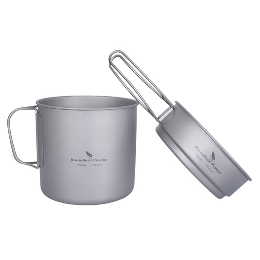 Boundless Voyage Ultralight Titanium Pot & Pan Set, 1100ml Pot + 300ml Pan with Folding Handle, Portable Outdoor Mess Kit for Camping Hiking Picnic Ti2053C
