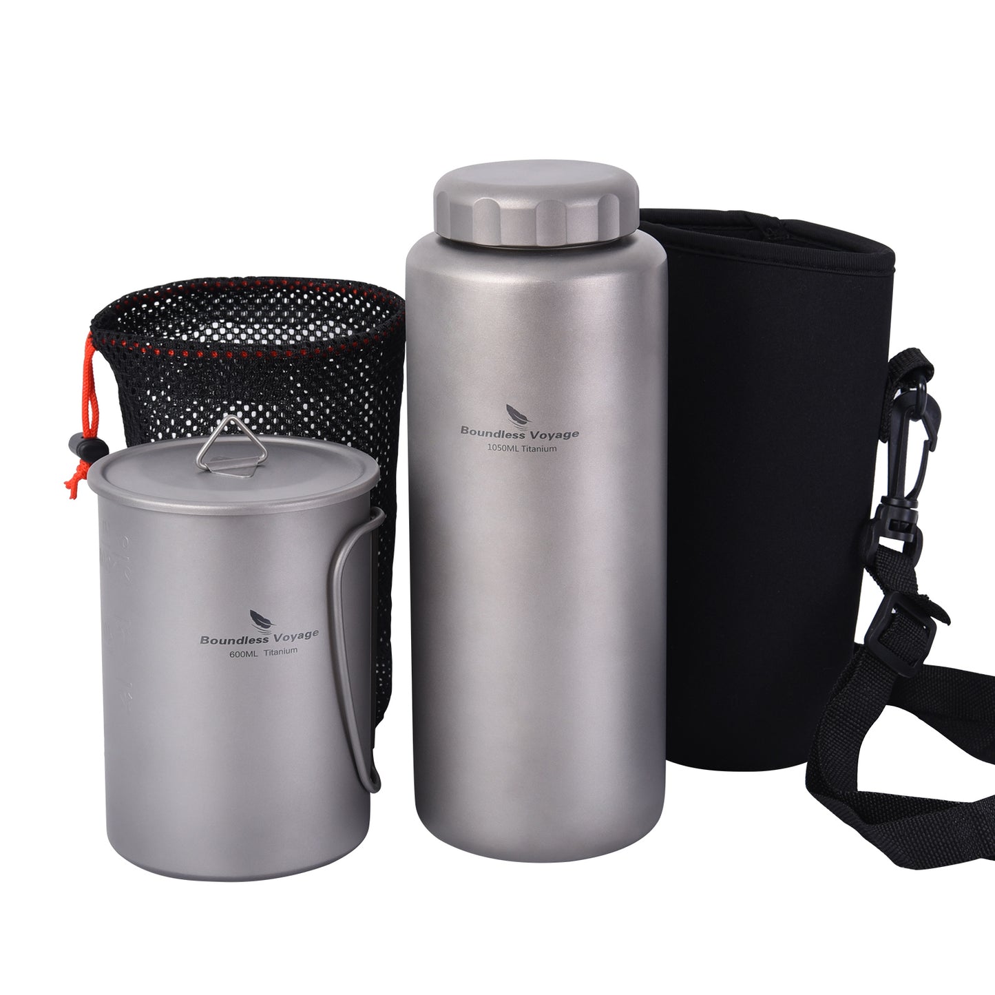 Boundless Voyage 1050ml Titanium Water Bottle with 600ml Flat Lid Nesting Cup, Portable Pure Titanium Survival Canteen Mug Kit, Lightweight Travel Tableware for Hiking Bushcraft Picnic Ti3007D