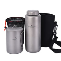 Boundless Voyage 1050ml Titanium Water Bottle with 600ml Flat Lid Nesting Cup, Portable Pure Titanium Survival Canteen Mug Kit, Lightweight Travel Tableware for Hiking Bushcraft Picnic Ti3007D