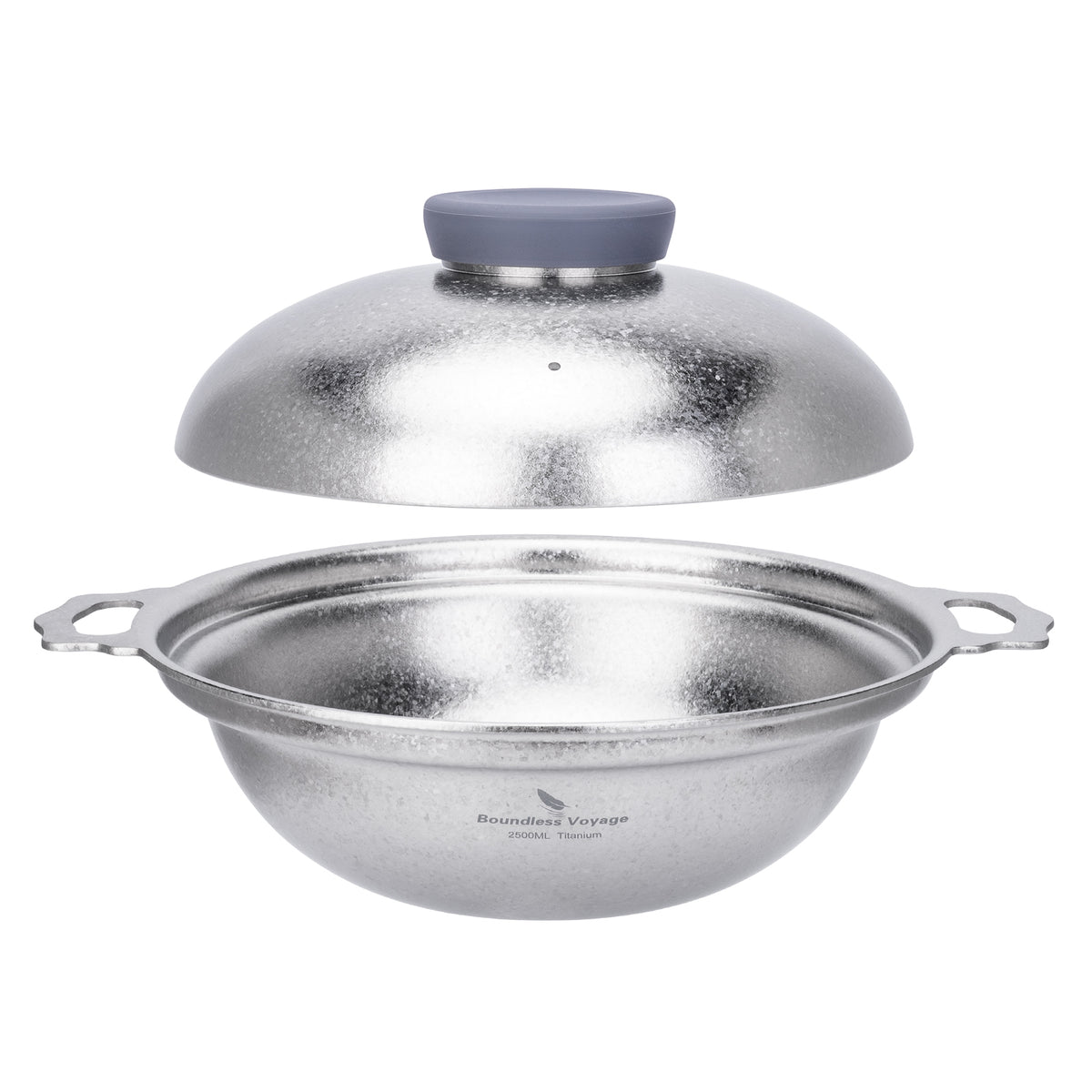 Boundless Voyage 2.5L titanium pot with lifted lid showing coating-free interior