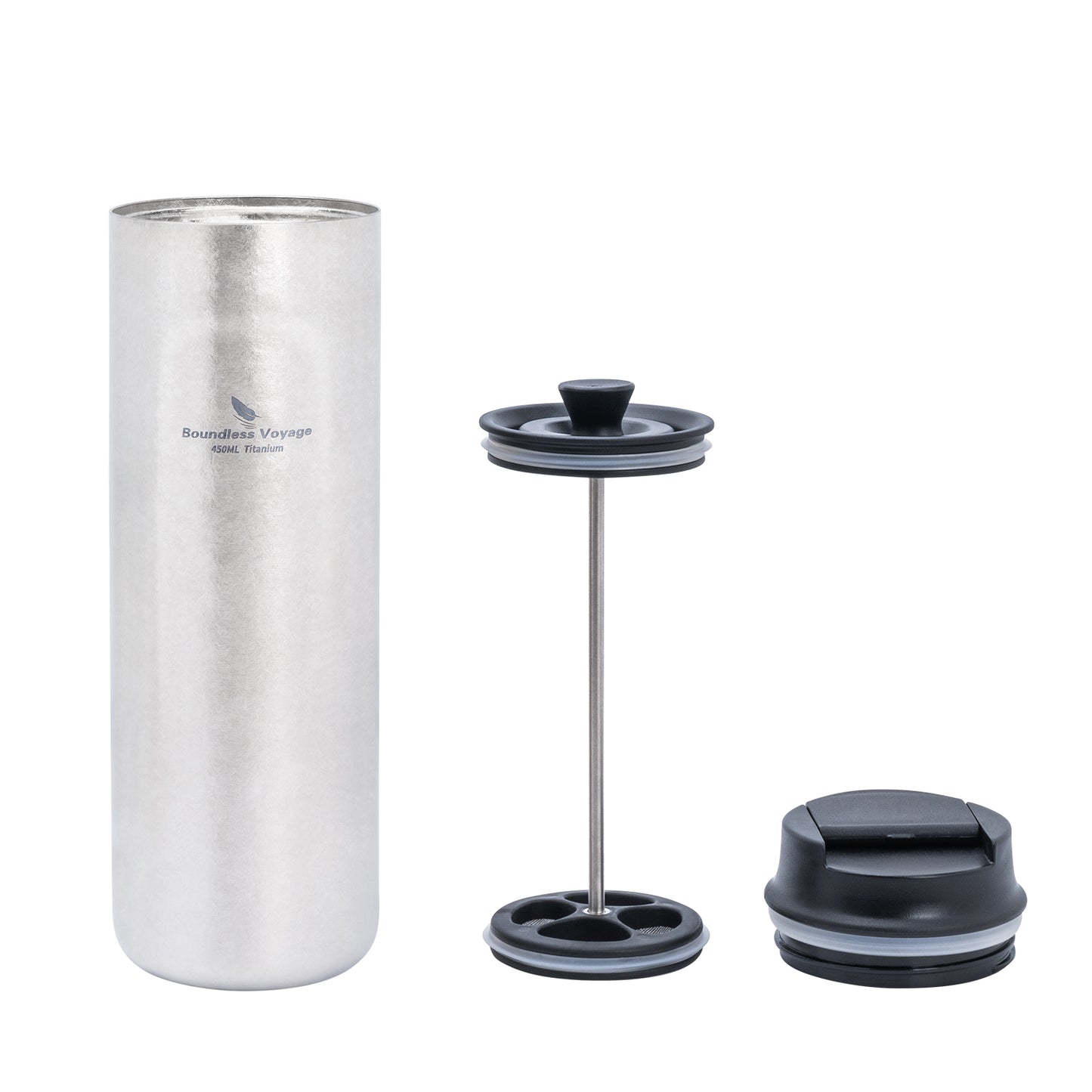 Boundless Voyage 450ml Double-Walled Insulated Titanium French Press Coffee Tumbler with Lid, Portable Filter Coffee Mug for Travel Daily Use Ti3255D