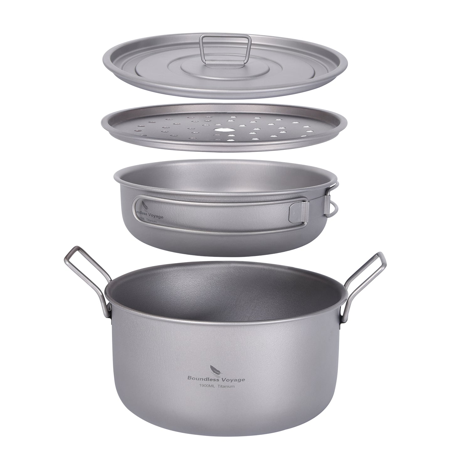 Boundless Voyage Multifunctional Titanium Cookware Set, 1900ml Soup Stockpot + 900ml Frying Pan with Lid & Tea Tray, Portable Outdoor Camping Mess Kit Ti2057C
