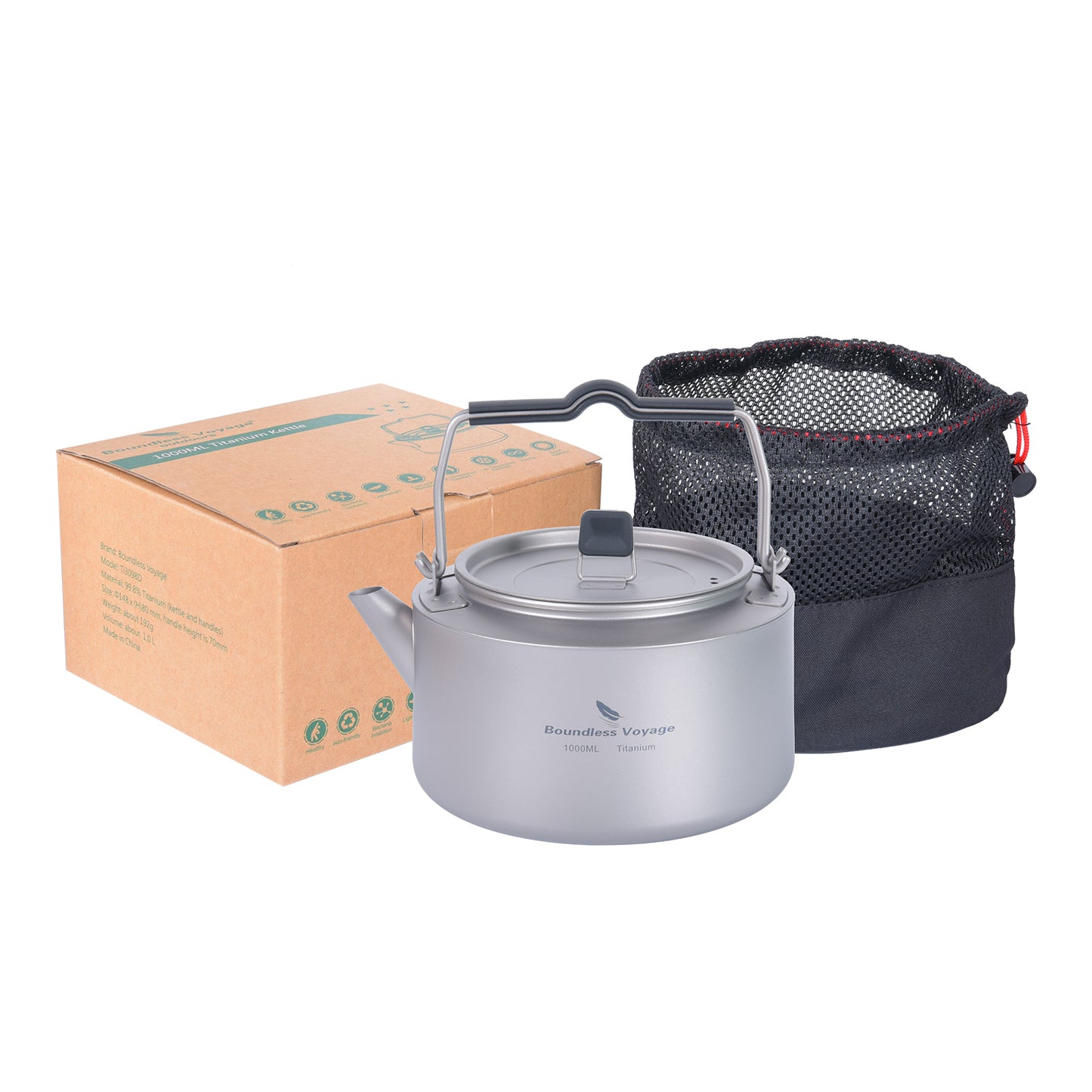Boundless Voyage 1L Pure Titanium Camping Kettle | Ultralight Coffee Teapot with Foldable Handle & Tea Filter for Boiling Water, Coffee & Tea Ti3098D
