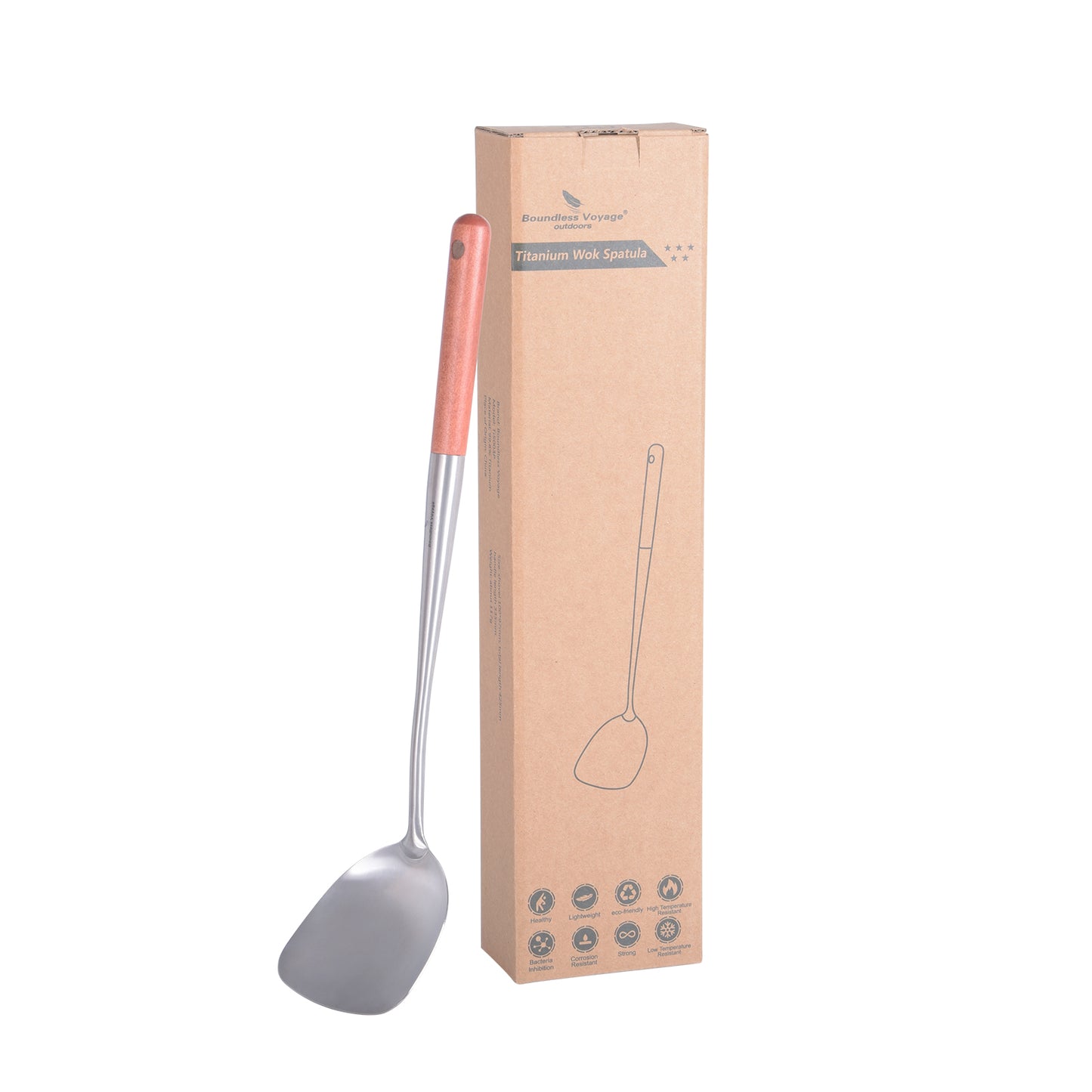 Boundless Voyage Pure Titanium Wok Spatula, Lightweight Cooking Turner with Wooden Handle, Durable Kitchen Utensil for Home & Outdoor Cooking Ti5003P