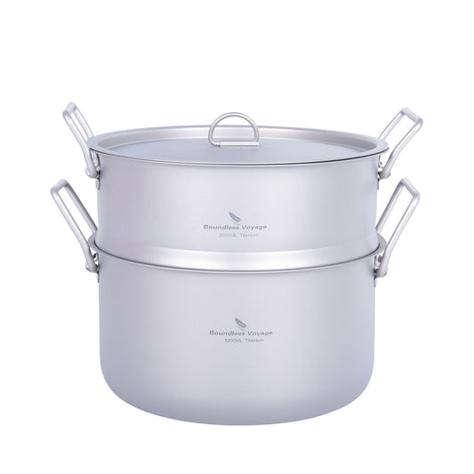 Boundless Voyage Titanium Soup Pot & Steamer Set 2.2L, Foldable Handle Camping Cookware for Hiking Kitchen Ti2111C