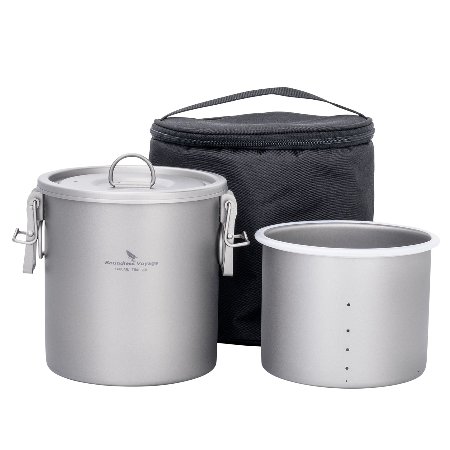 Boundless Voyage Sandblasted Matte Finish Ultralight Titanium Camping Rice Cooker Pot, 1.4L Outer Pot with 0.9L Inner Container, Portable Cookware for Hiking, Travel & Outdoor Camping Ti2093C