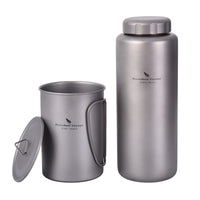 Boundless Voyage 1050ml Titanium Water Bottle with 600ml Flat Lid Nesting Cup, Portable Pure Titanium Survival Canteen Mug Kit, Lightweight Travel Tableware for Hiking Bushcraft Picnic Ti3007D