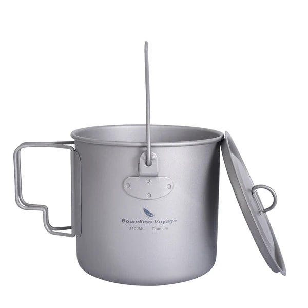 Boundless Voyage 1100ml Pure Titanium Hanging Pot with Lid | 37oz Ultralight Single-Wall Bushcraft Cookpot with Bail & Foldable Handle, Compatible with Open Fire & Camping Stove Ti3041D