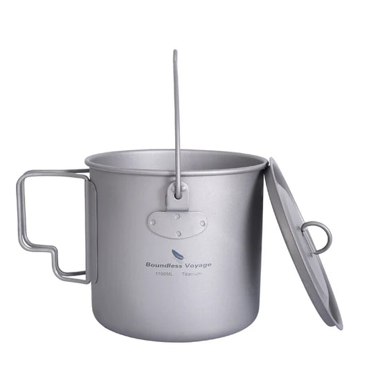 Boundless Voyage 1100ml Pure Titanium Hanging Pot with Lid | 37oz Ultralight Single-Wall Bushcraft Cookpot with Bail & Foldable Handle, Compatible with Open Fire & Camping Stove Ti3041D