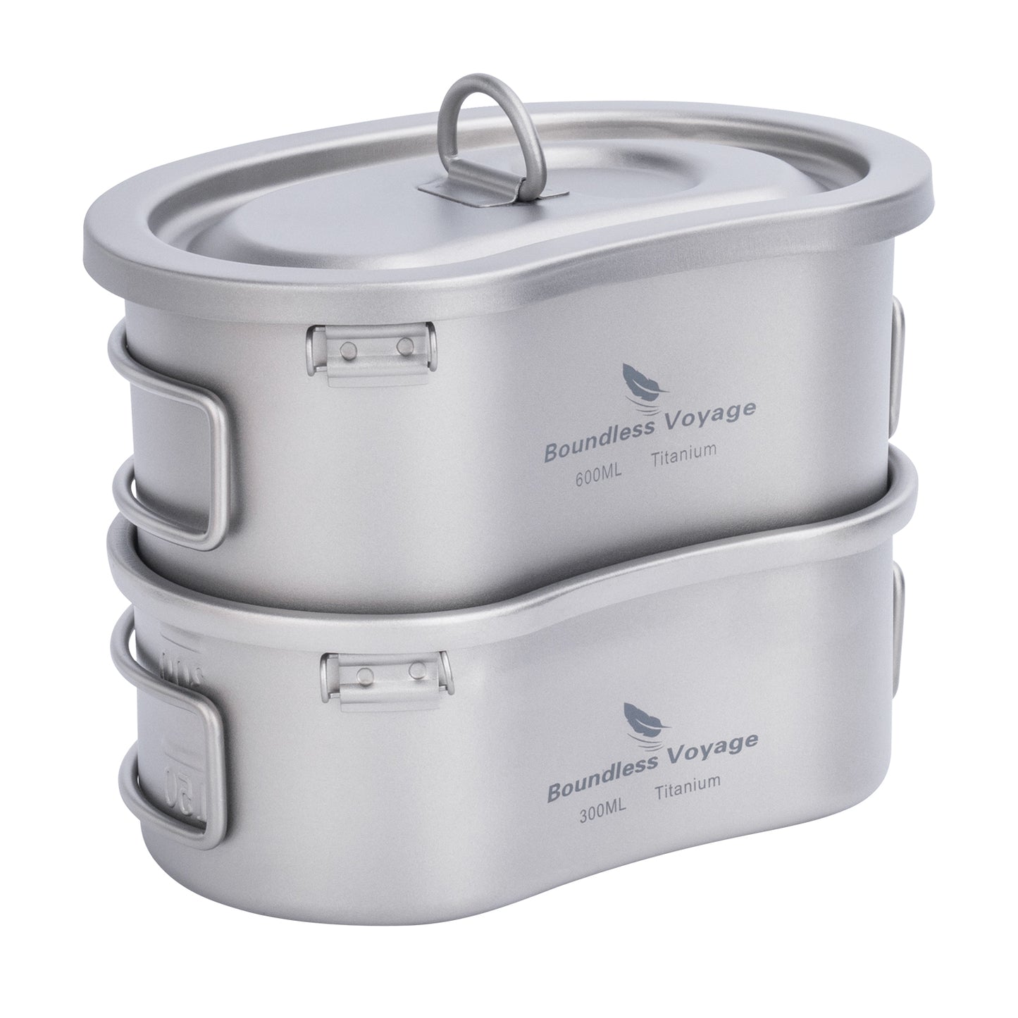300ml + 600ml Titanium Camping Cookware Set - Kidney-Shaped Canteen Cups with Lid & Hanging Chain - Ultralight Mess Kit 2046c
