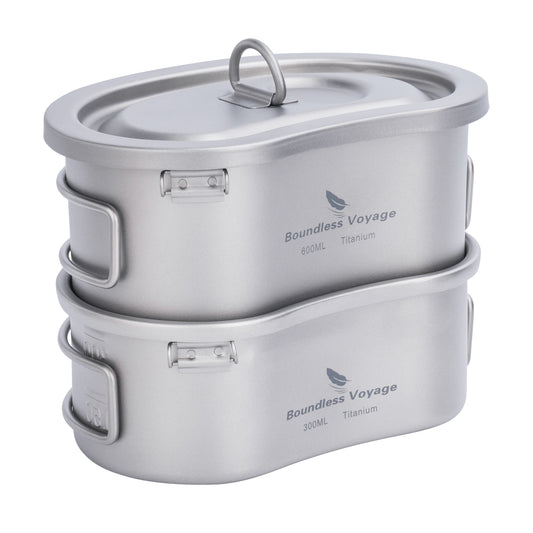 300ml + 600ml Titanium Camping Cookware Set - Kidney-Shaped Canteen Cups with Lid & Hanging Chain - Ultralight Mess Kit 2046c