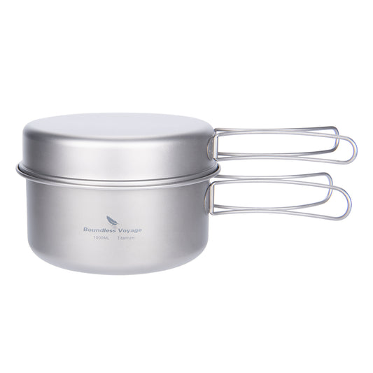 Boundless Voyage Ultralight Titanium Pot & Pan Set with Collapsible Folding Handle, 1000ml + 500ml Camping Cookware for Hiking Backpacking Outdoor Cooking Ti2042C