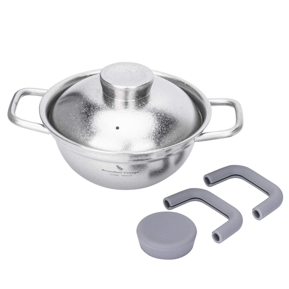 Boundless Voyage 1.2L titanium cooking pot with detached heat-resistant silicone handle and lid grips