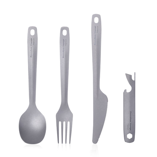 Boundless Voyage Utility Titanium Cutlery Set, Spoon Fork Knife with Built-In Bottle Opener, Portable Travel Camping Tableware with Easy Storage Cloth Case Ti1066T