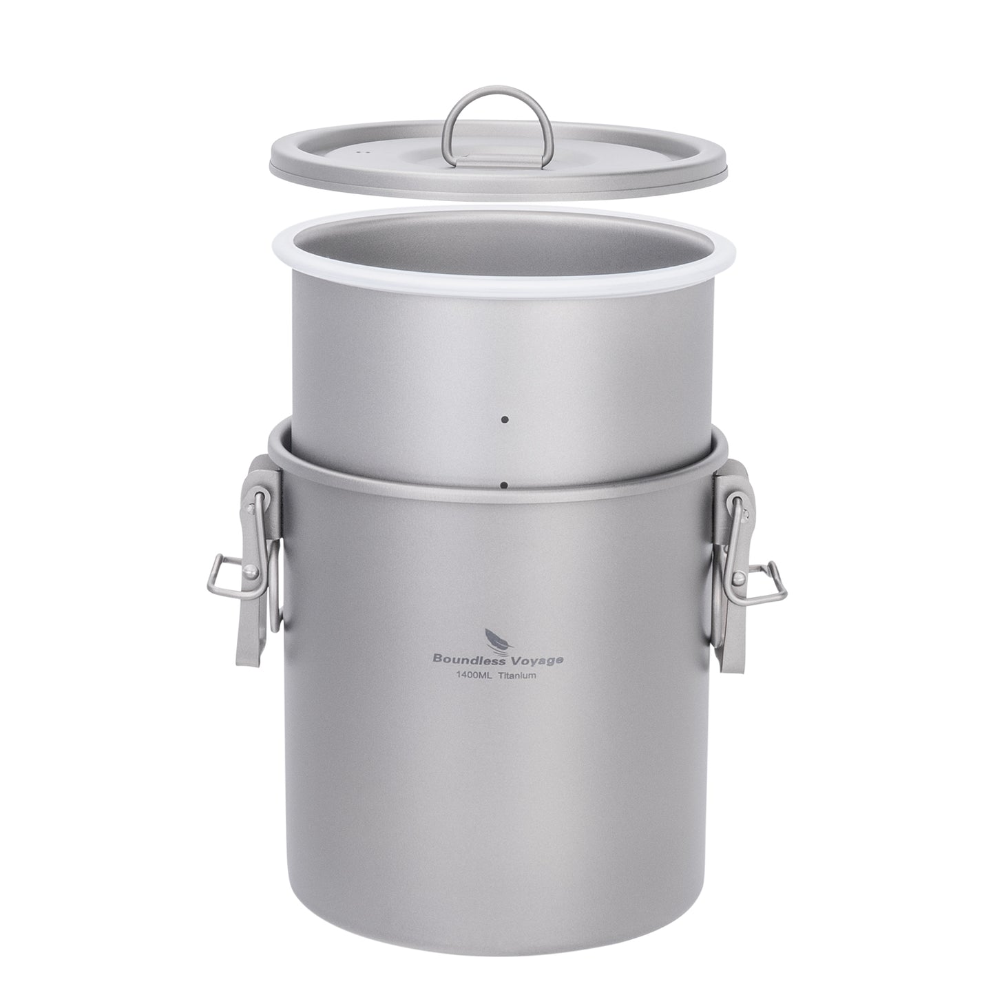 Boundless Voyage Sandblasted Matte Finish Ultralight Titanium Camping Rice Cooker Pot, 1.4L Outer Pot with 0.9L Inner Container, Portable Cookware for Hiking, Travel & Outdoor Camping Ti2093C