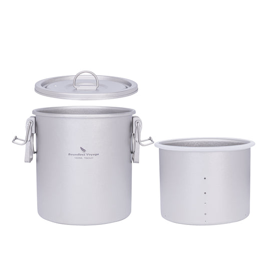 Boundless Voyage Crystalline Finish Titanium Camping Rice Cooker Pot, 1.4L Outer Pot + 0.9L Inner Container with Silicone Seal & Foldable Handle, Ultralight Cookware for Hiking Travel Ti2093C