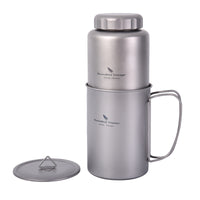 Boundless Voyage 1050ml Titanium Water Bottle with 600ml Flat Lid Nesting Cup, Portable Pure Titanium Survival Canteen Mug Kit, Lightweight Travel Tableware for Hiking Bushcraft Picnic Ti3007D