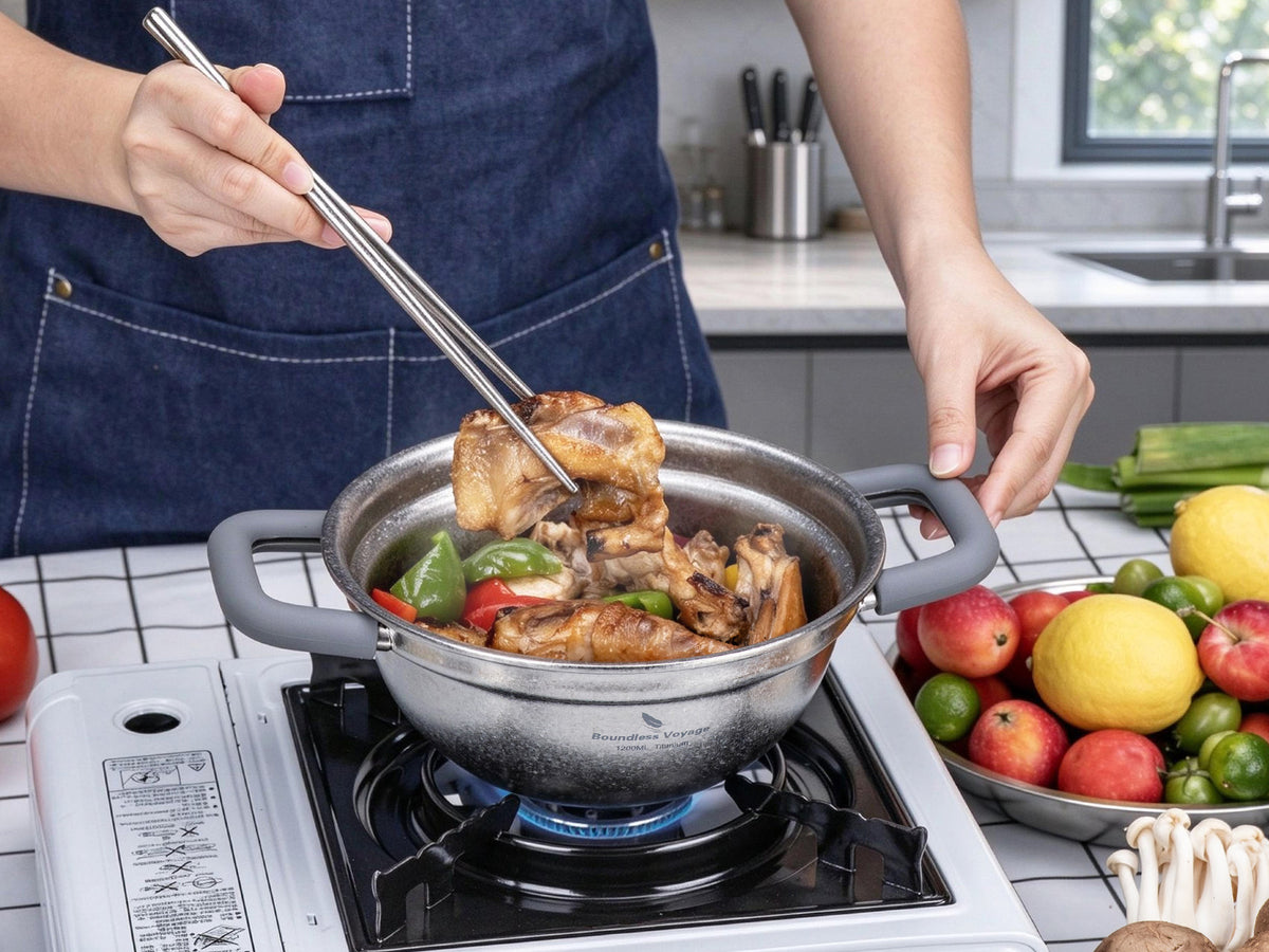 Healthy cooking with Boundless Voyage 1.2L titanium pot on portable gas stove in home kitchen
