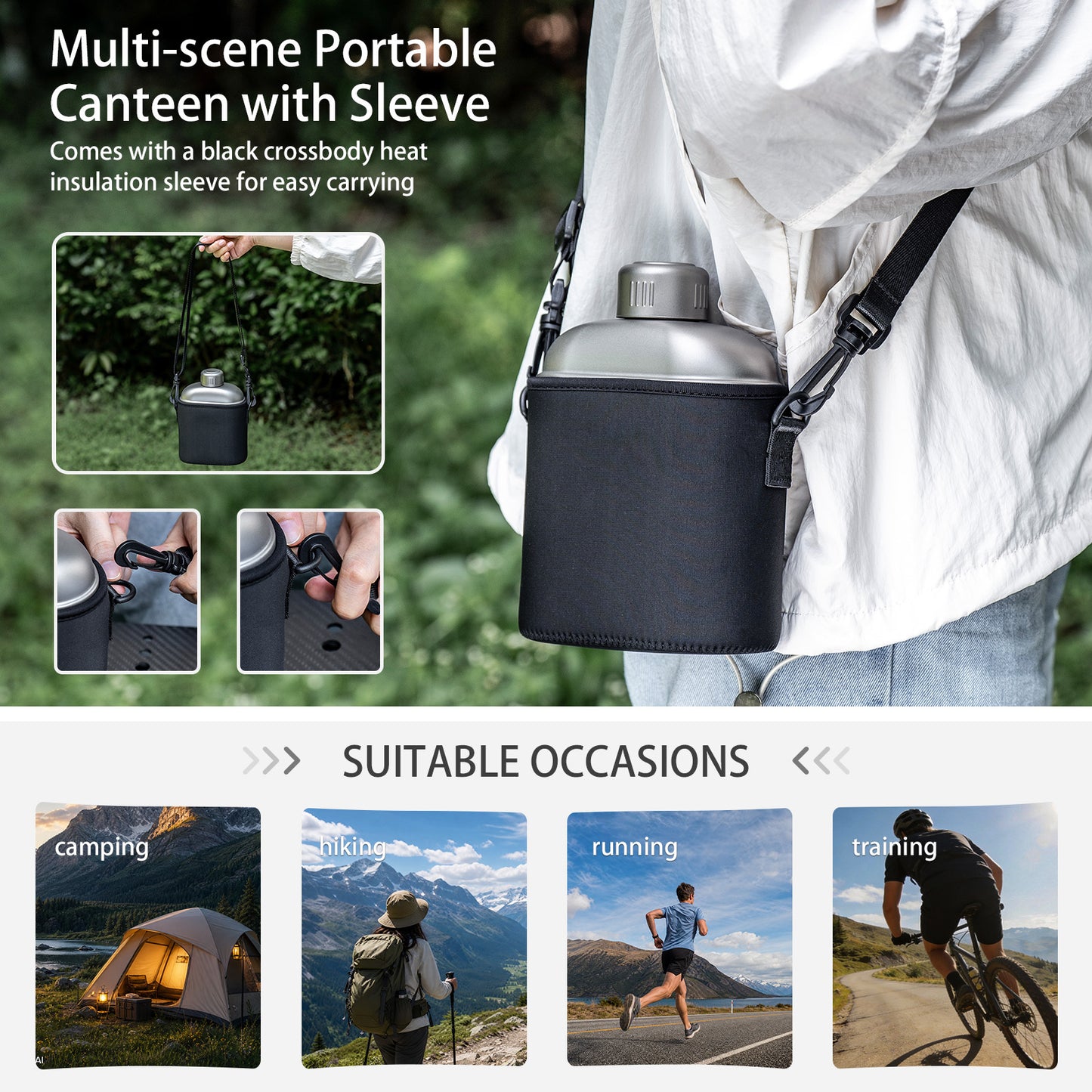 Boundless Voyage 1100ml TA1 Pure Titanium Canteen Bottle | Single Layer Open Flame Heatable Water Flask, Leakproof Double Wall Lid Military Outdoor Bottle with Crossbody Sleeve Ti3012D