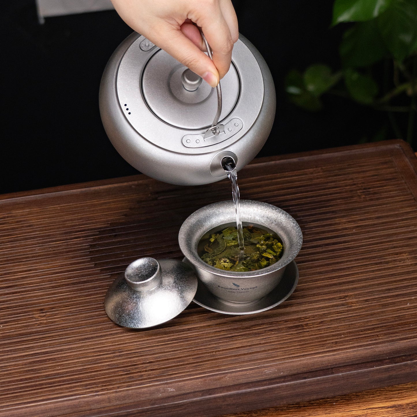 Boundless Voyage 130ml High-Temp Crystalline Finish Double Wall Titanium Gaiwan, Ultralight Three-Talent Kung Fu Tea Bowl, Anti-Scald Tea Set for Home Tea Ceremony & Camping Ti3144D