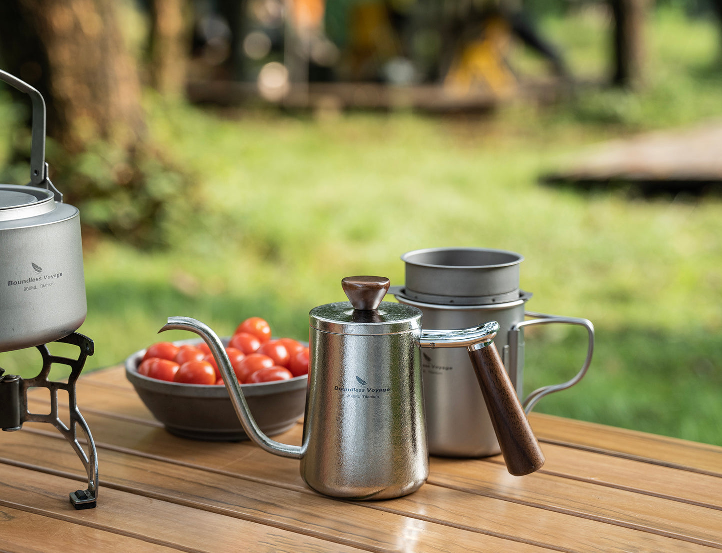 Boundless Voyage 300ml Titanium Pour Over Coffee Kettle with Wood Handle, Precision Gooseneck Spout Mini Coffee Tea Pot, Ultralight Portable Brew Gear for Home Barista, Office, Camping & Hiking Travel Ti3091D