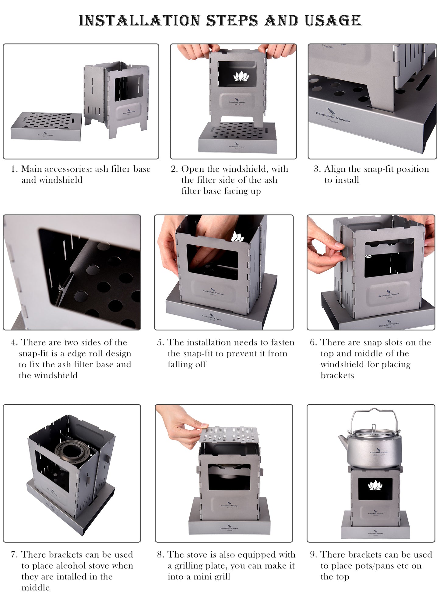 Boundless Voyage Outdoor Titanium Folding Wood Stove With Pot Bracket Camping Charcoal Burner Furnace Ti2010C