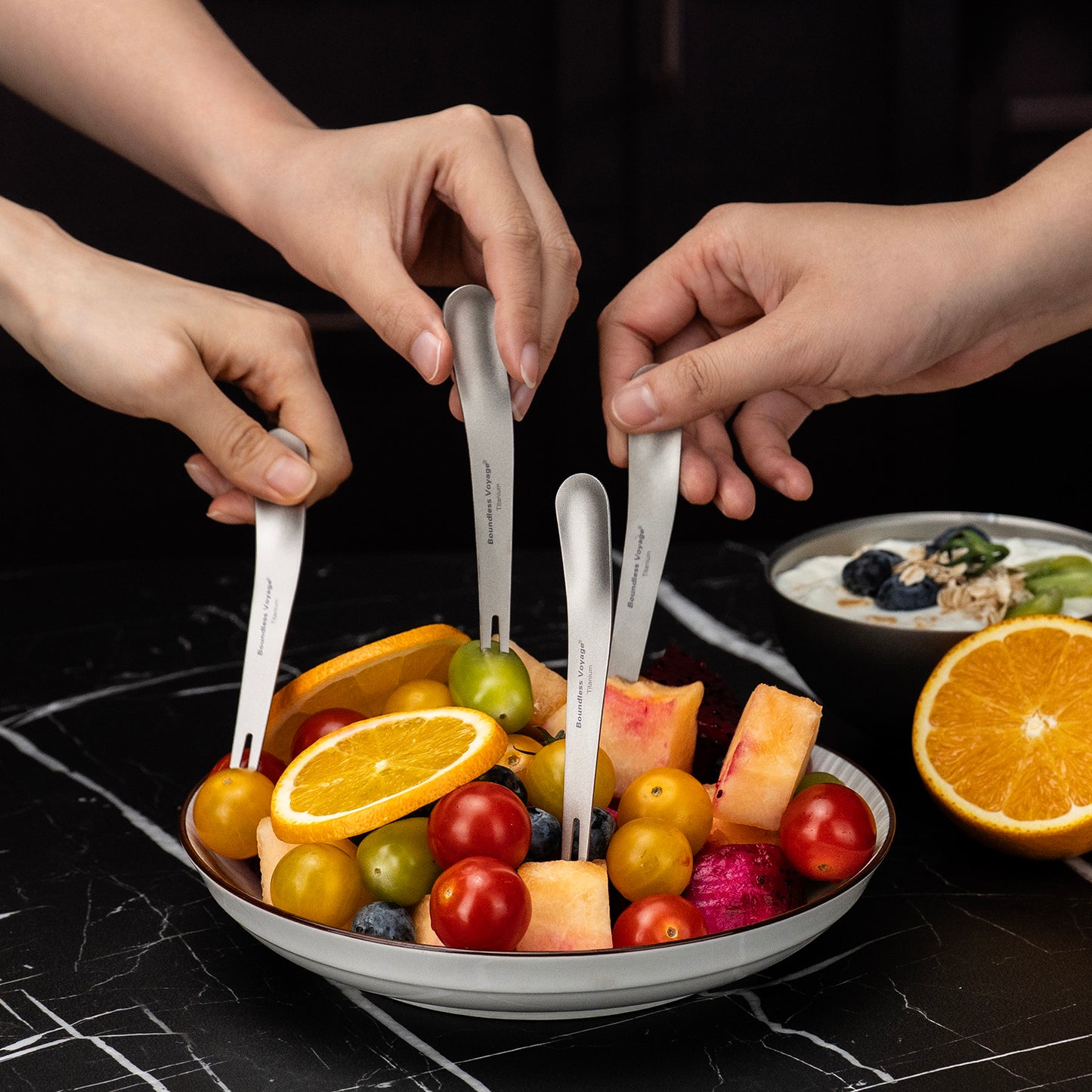 Boundless Voyage Titanium Dual-Use Fork Spoon Set, 5 Pieces Ultralight 5.6g Per Spoon-Fork, Portable Camping Cutlery Kit with Drawstring Bag for Fruit, Coffee, Ice Cream & Outdoor Travel Ti1126T