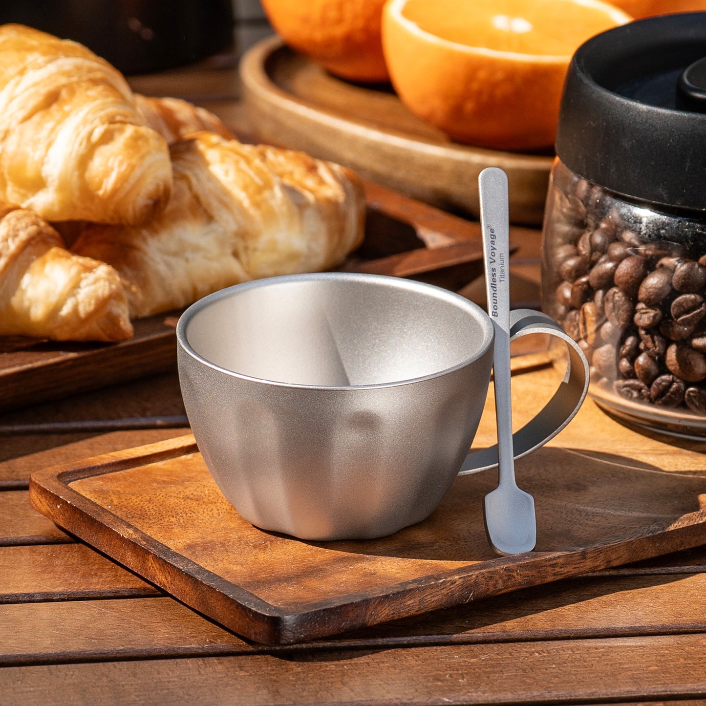 Boundless Voyage 120ml Titanium Espresso Cup, Double‑Wall Heat‑Insulated Coffee Mug with Fixed‑Handle, Compact Light‑Weight for Home, Office, Travel and Camping Ti3088D
