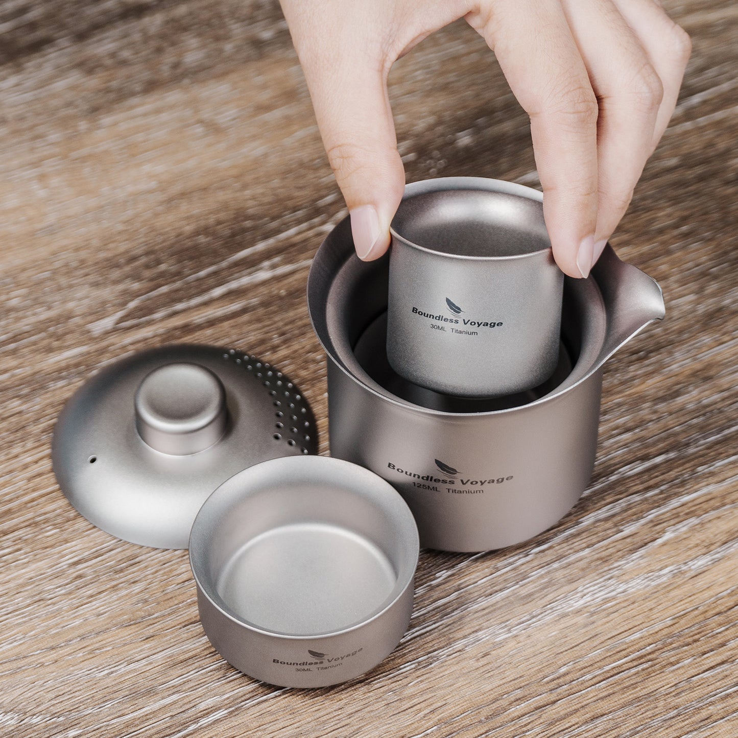 Boundless Voyage Titanium Double-Layer Tea Maker Set, Comes with 3Pcs 30ml Mini Tea Cups, Ultralight Portable Complete Tea Set for Outdoor Camping Travel Tea Brewing Ti3149D